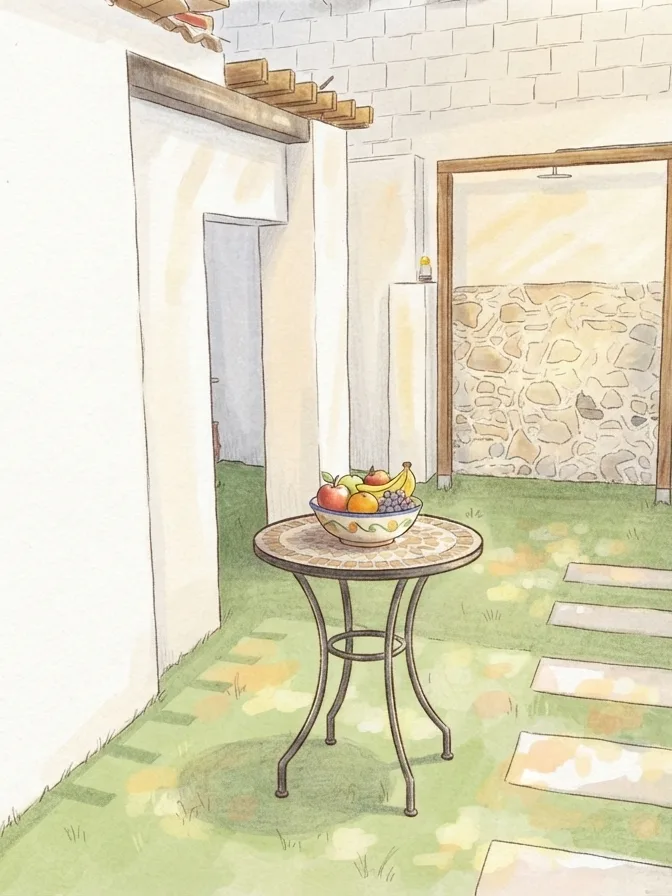 El patio de Casa TOVI, con la mesa y el frutero